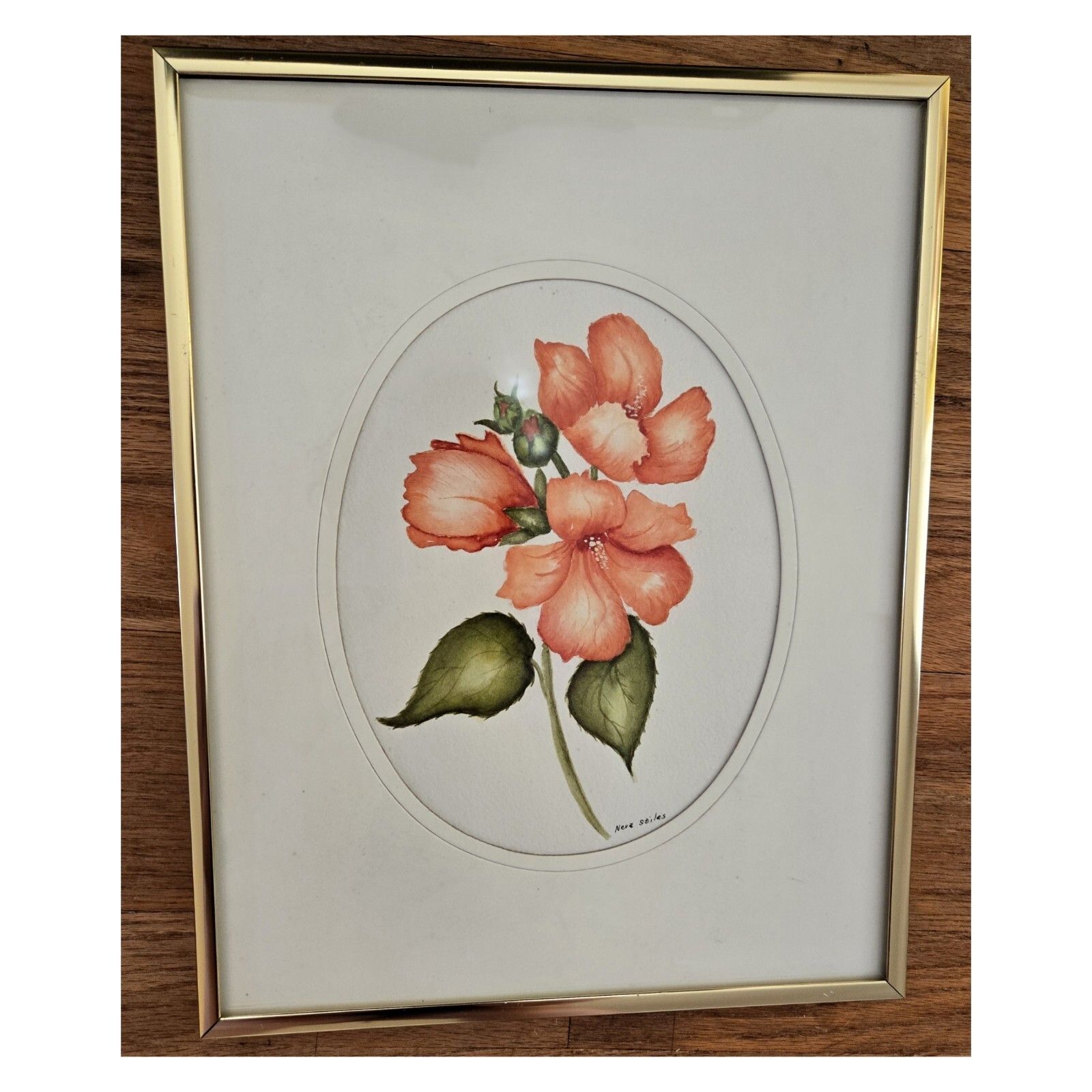 Vintage Floral Hibiscus Watercolor Brass Framed