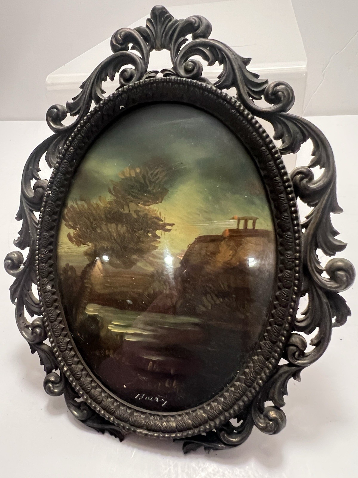 Antique Small Italian Painting With Brass Filigree Oval Frame 5.5″x 4″