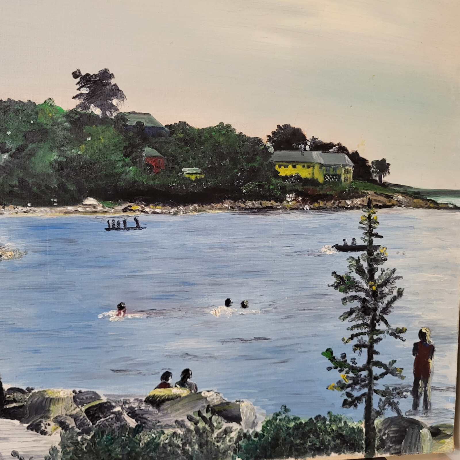 Vintage Lg Unframed Naive/Impressionist Painting People Relaxing at Lake 32×24