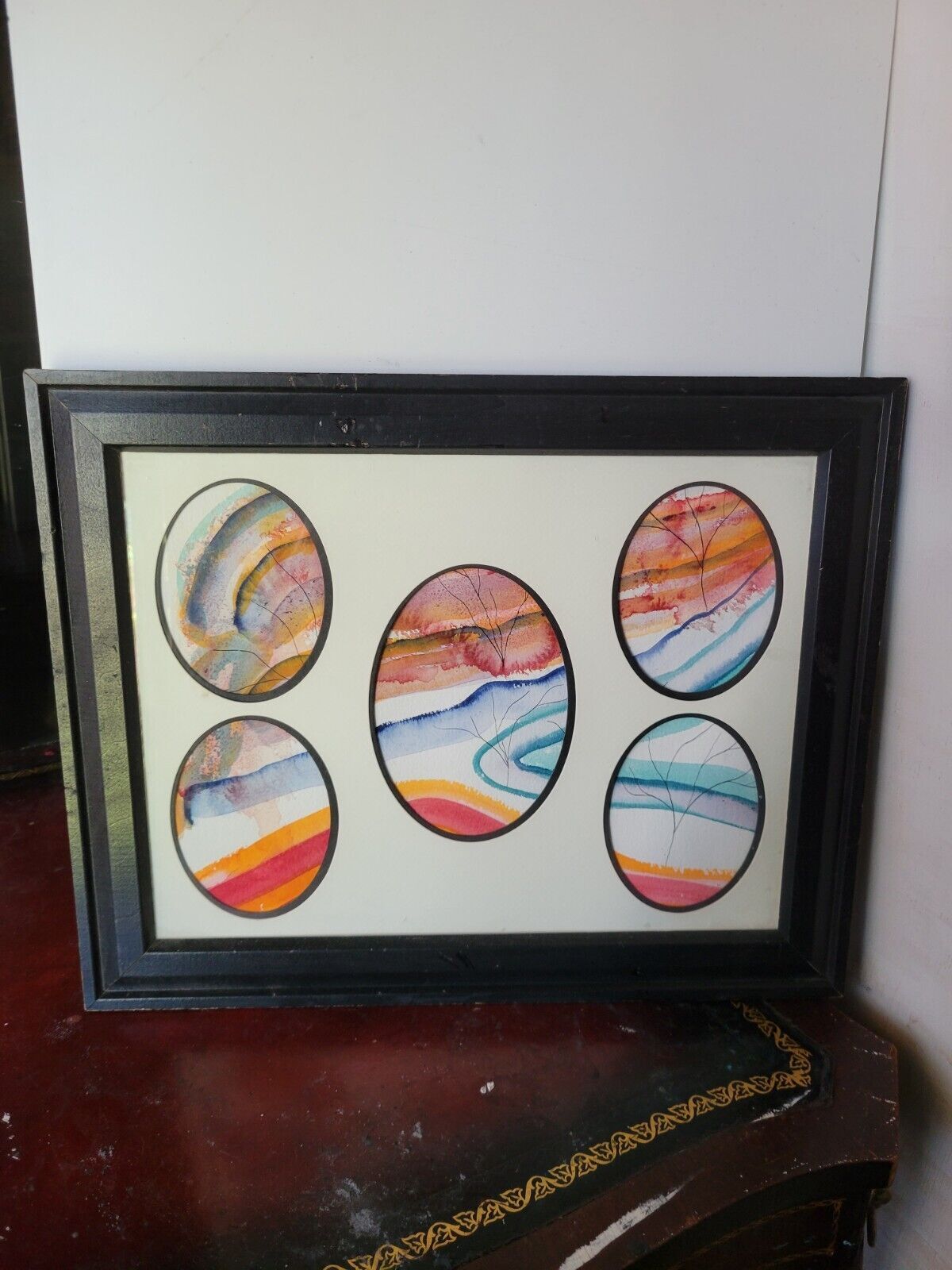 Framed Abstract Landscape Collage with Multi-Oval Cutouts