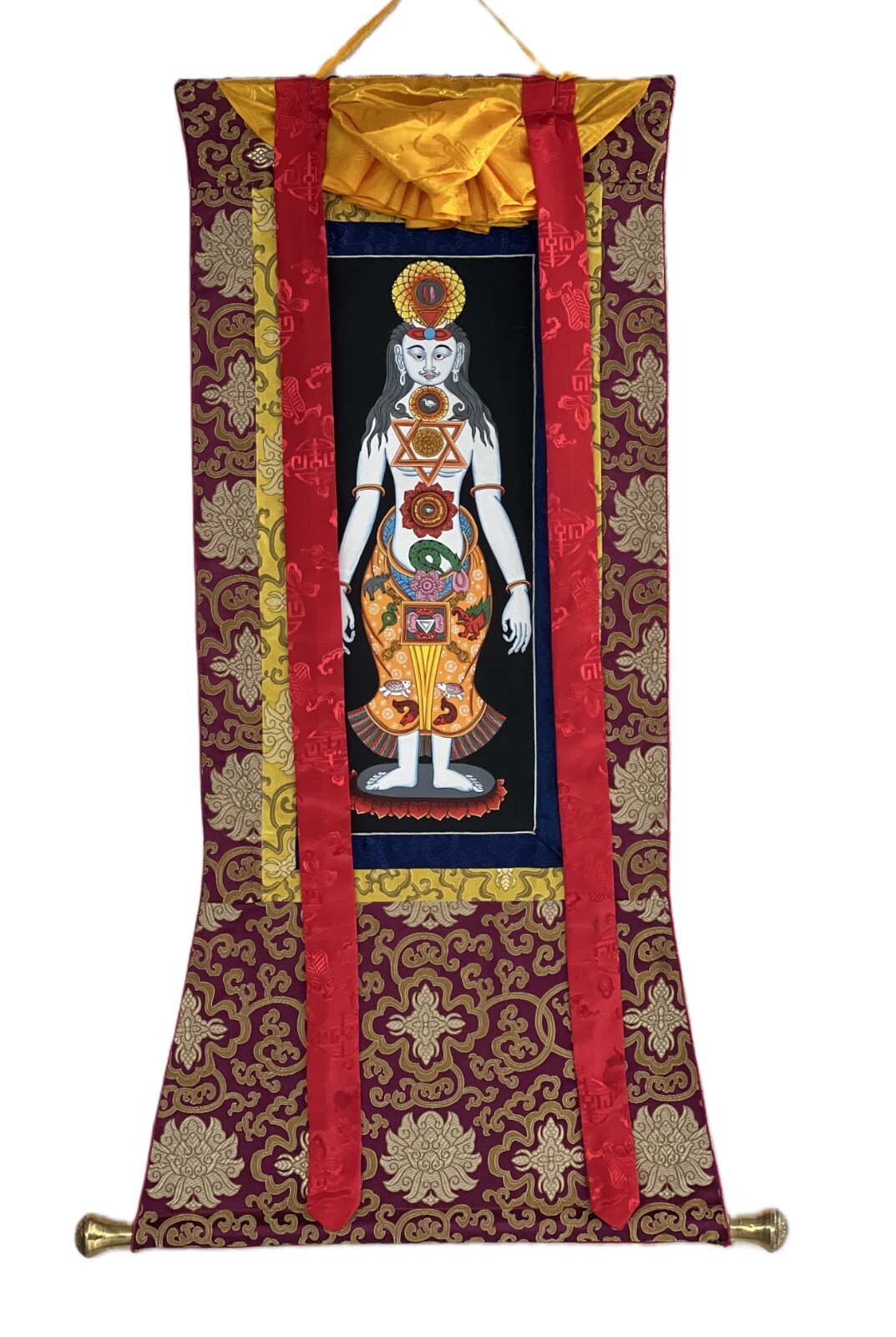 7 CHAKRA KUNDALINI HEALING ORIGINAL TIBETAN THANGKA PAINTING WITH SILK BROCADE