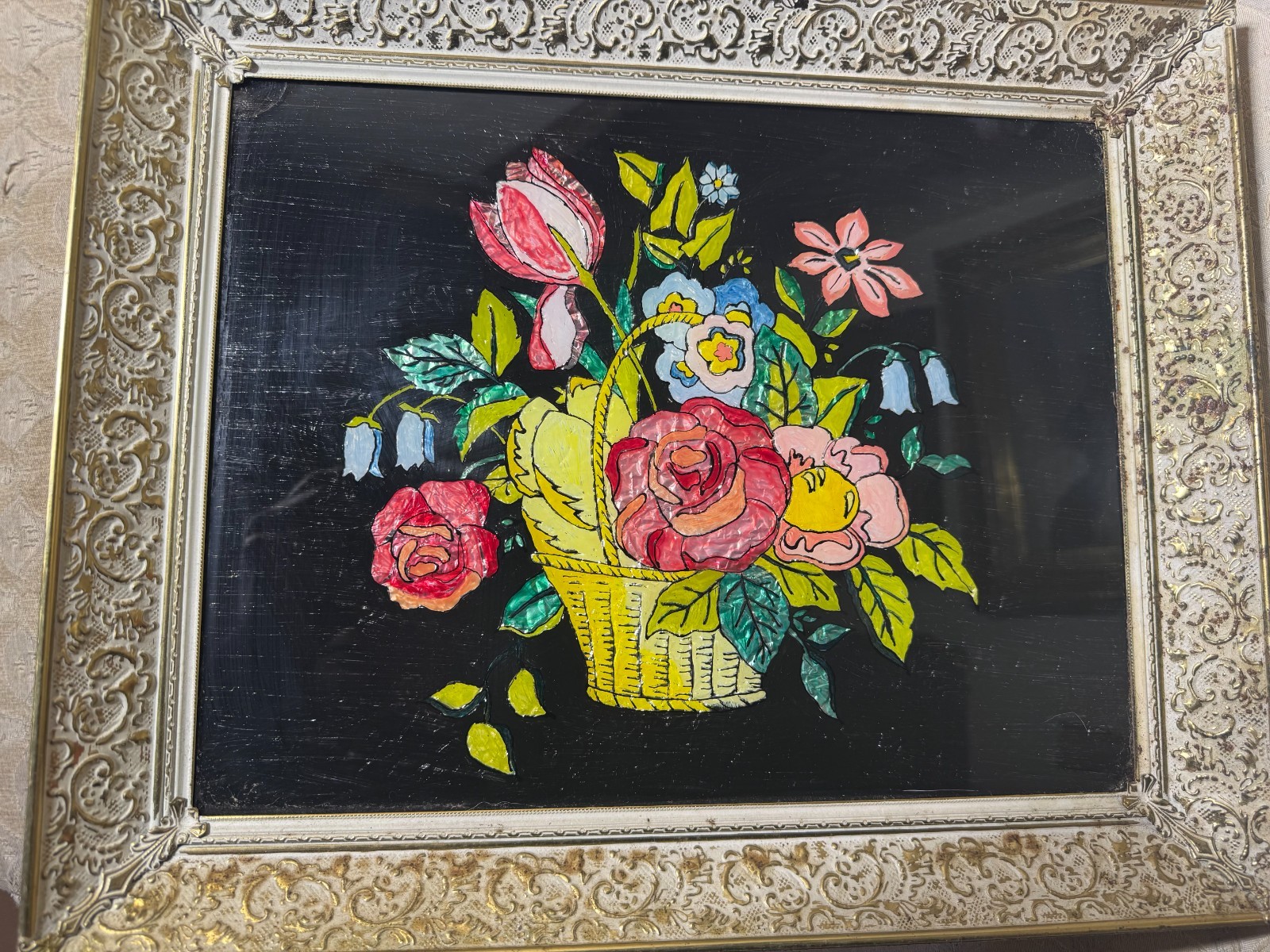 Large Antique Folk Art Tinsel Foil Reverse Artwork «Basket of Flowers» – Framed