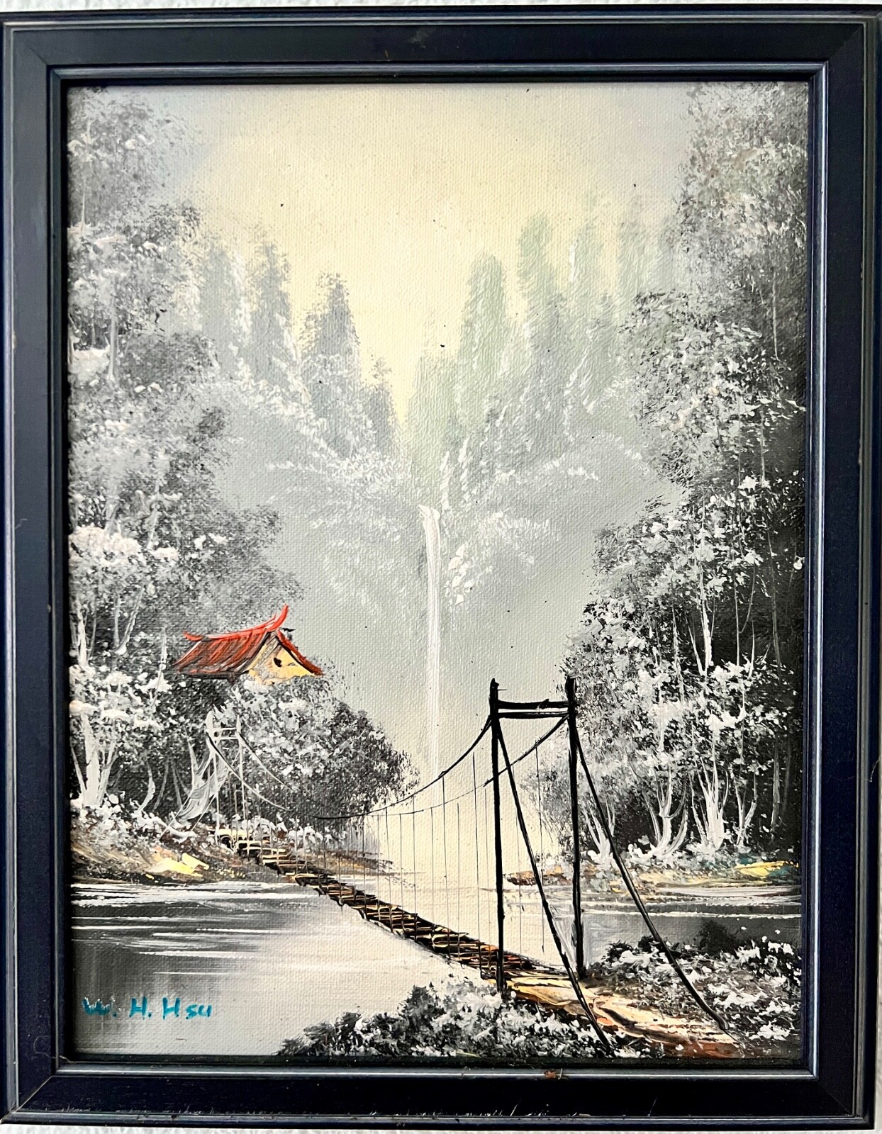 Vintage Japanese oil painting. 1 of 1 Frame is 13 1/4 inches tall by 10 3/4 wide