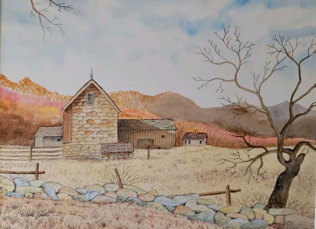1982 Wade Rawls Pen Ink Watercolor Original Painting Homestead Stone Barn