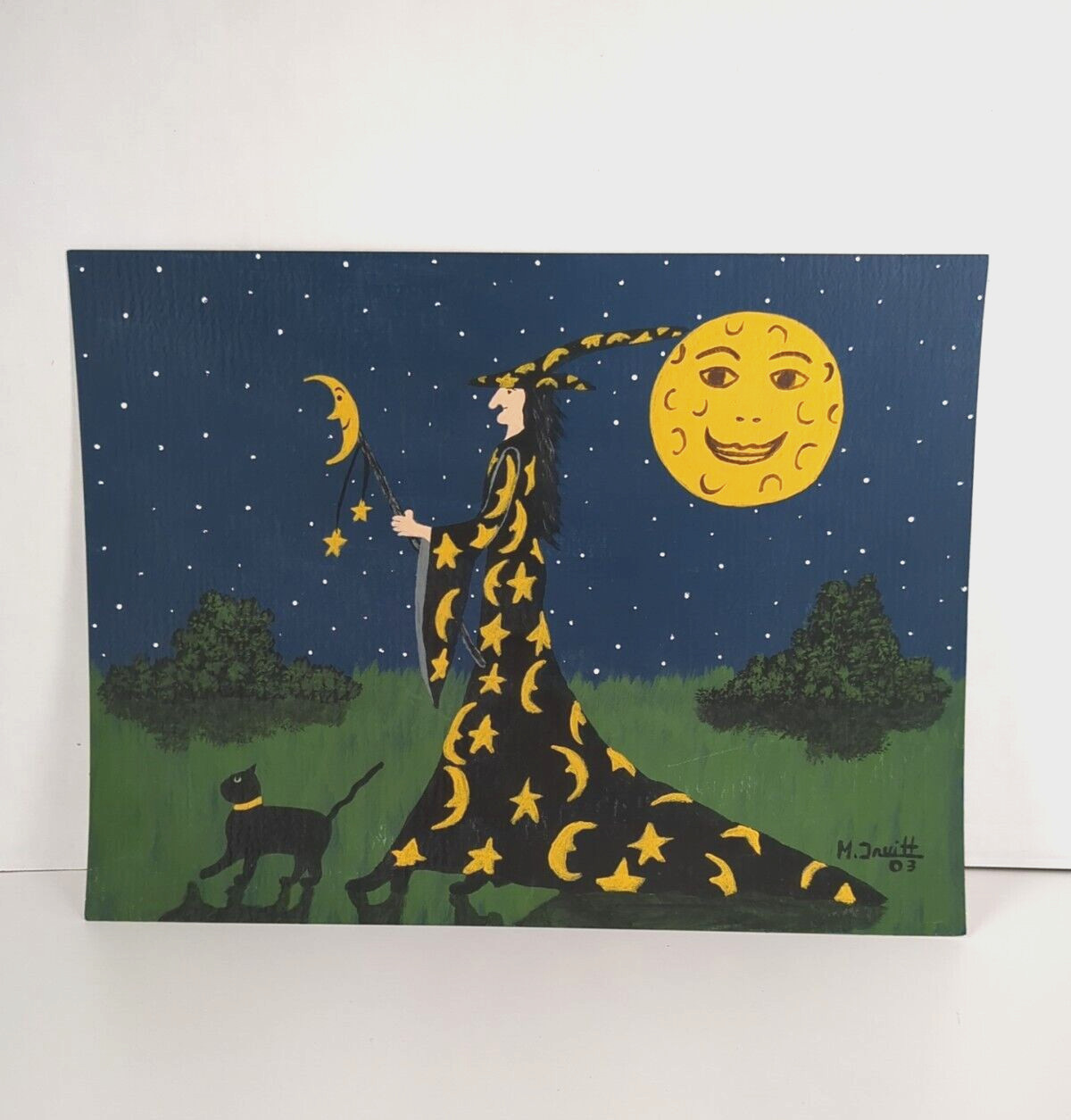 Original Halloween Painting Witch Black Cat Full Moon Party by Margaret Truitt