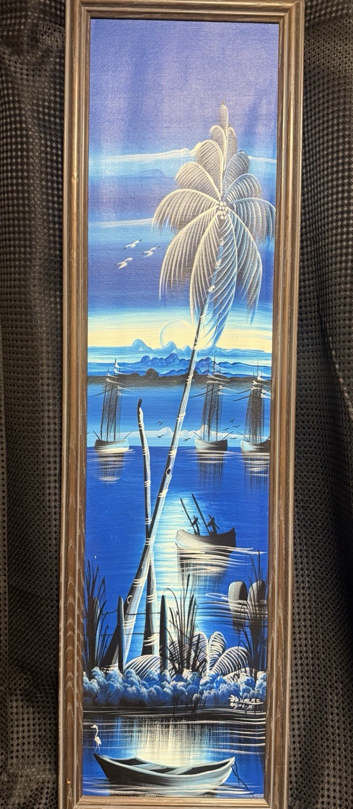 2 Tropical 8.5” x 29” FRAMED OIL PAINTINGS Painting SET Signed TIKI Palm Trees
