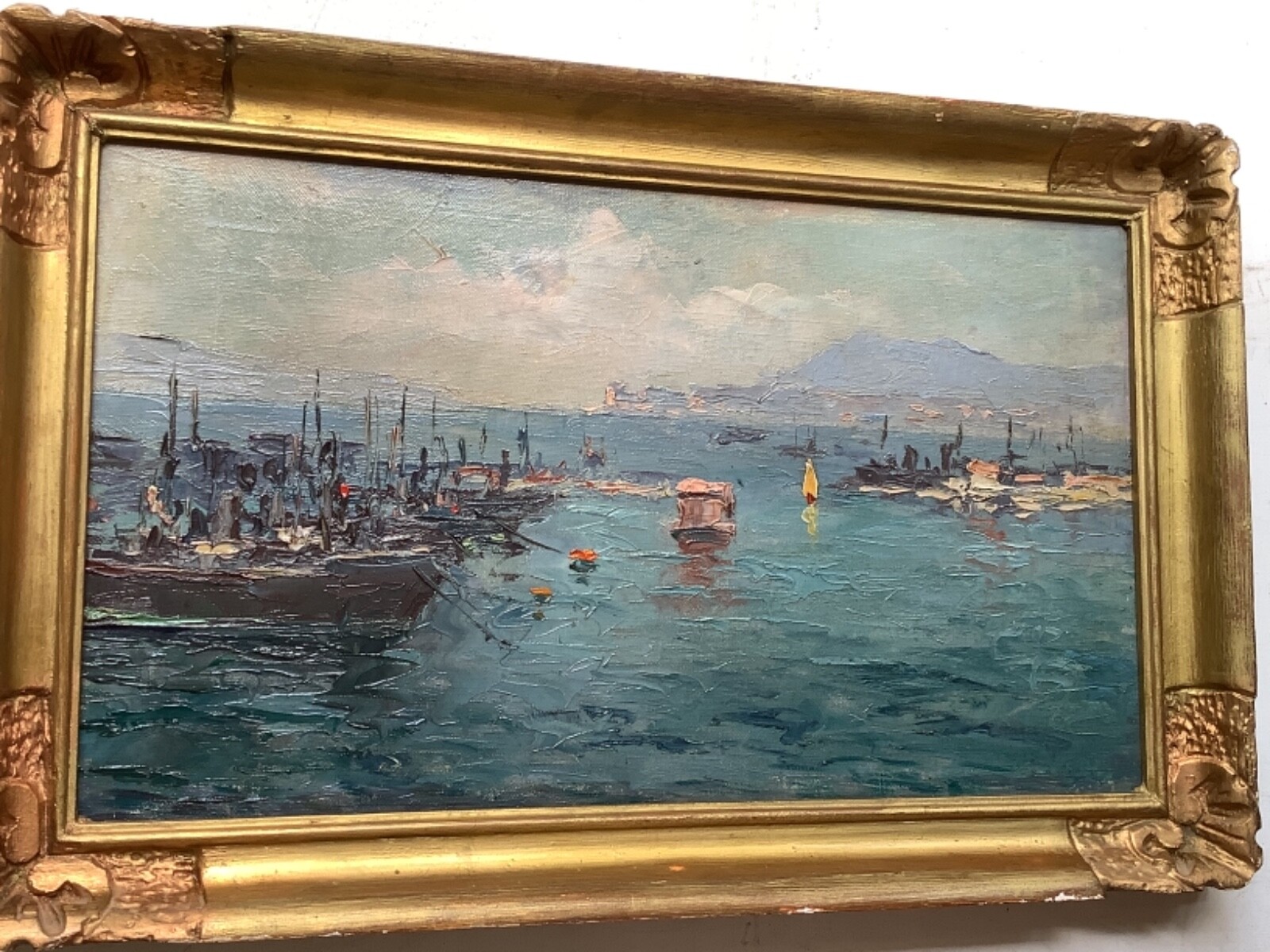 French Impressionism – Antique Painting on Canvas – Seascape Harbor Ships