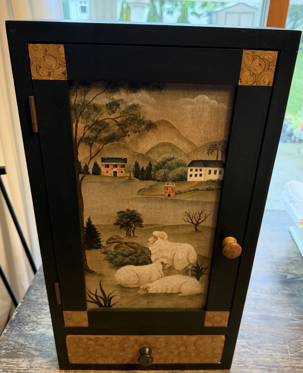 Hand painted Wood Folk Art Cabinet 2006 Sheep In Pasture Artist Signed
