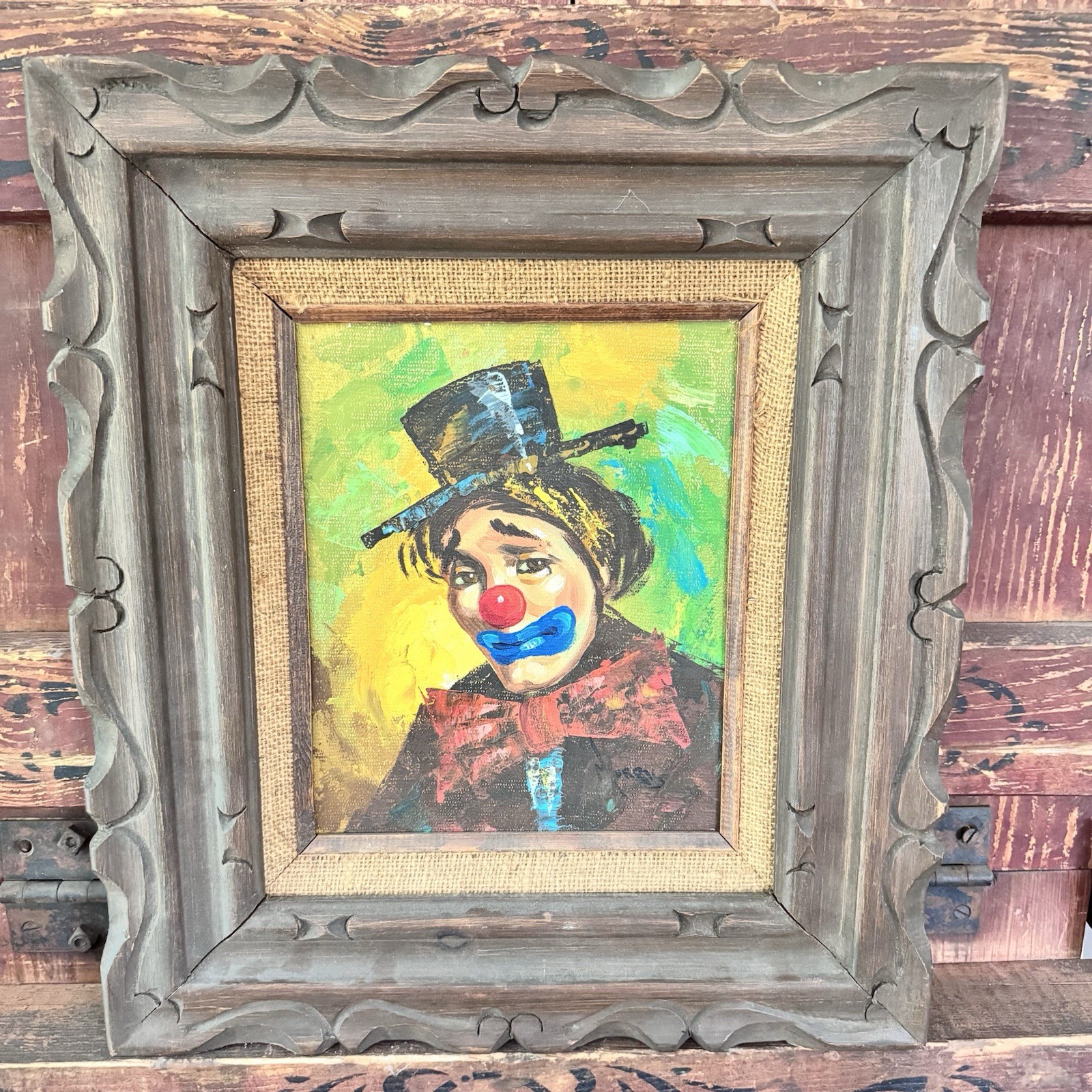 Vintage Framed Clown Painting Signed Wall Hanging Folk Art Mexico Colorful Sad