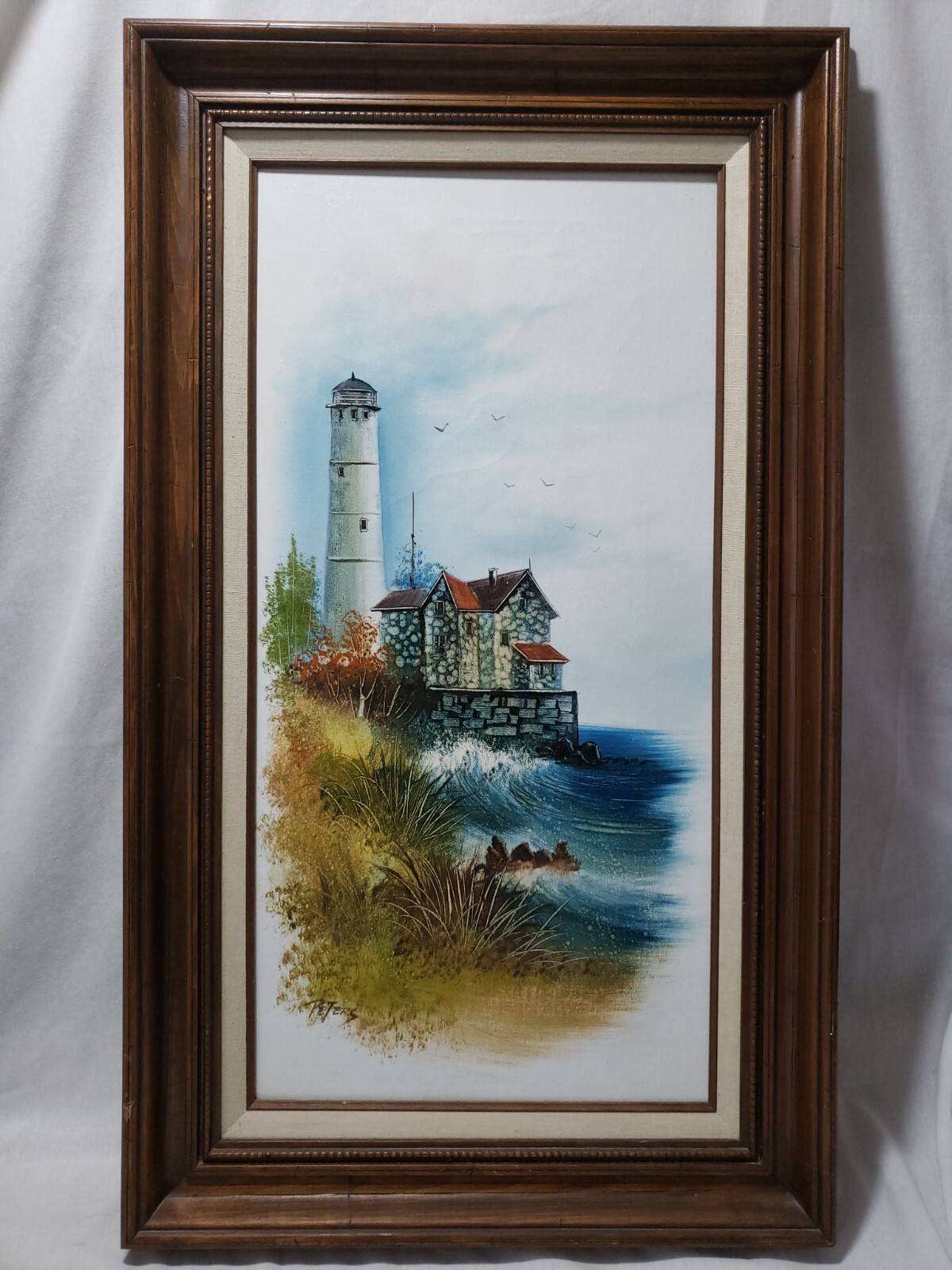 Original Light House Oil painting Canvas Ocean Waves Seagulls Signed framed 29″