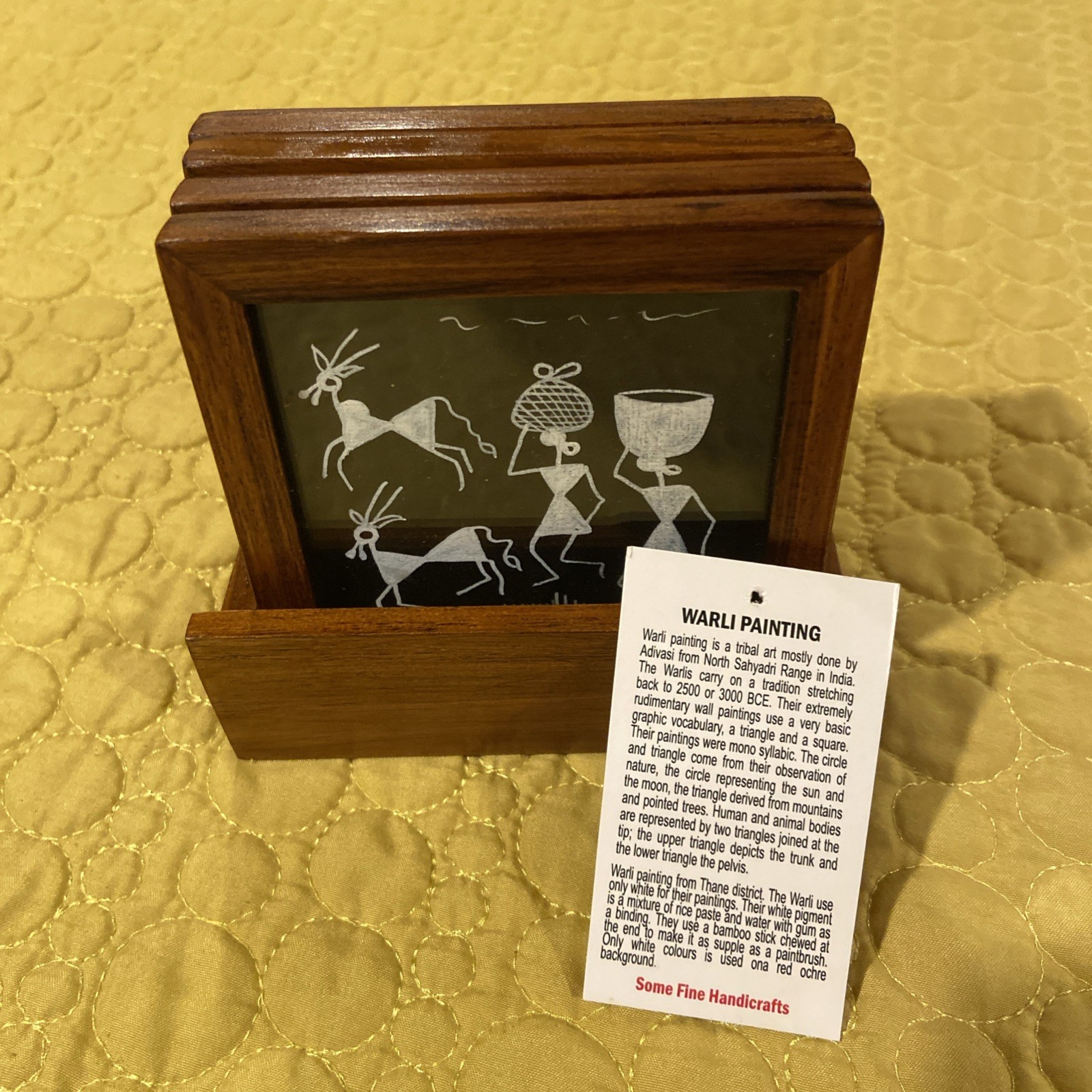 Warli Painting Handmade Indian Coaster set w/holder Tribal Decor Wood Framed