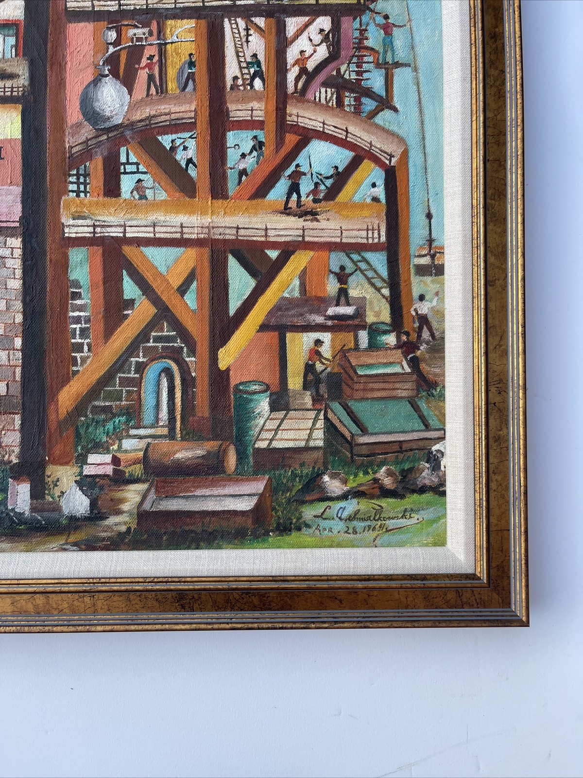 Vintage Industrial Painting Construction Workers Factory Urban Modernism Listed