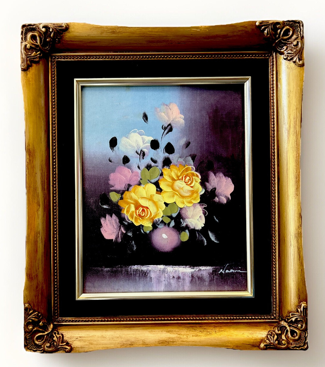 Original Oil Signed Gold Gilded Wood Frame Yellow Roses Purple Tones