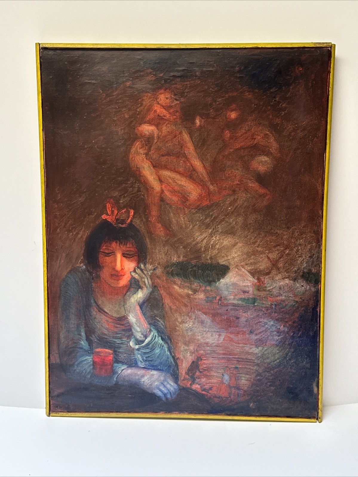 ANTIQUE PAINTING FEMALE MODEL PRETTY WOMAN WOMEN BAR SMOKING DRINKING MEMORIES