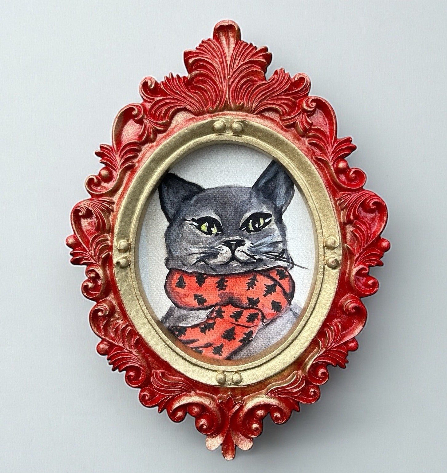 Scarf wearing Cat mini watercolor print in red & gold vintage style ornate frame