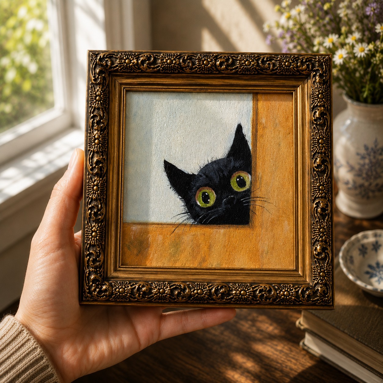 ORIGINAL Oil Painting Black Cat Handmade Miniature Contemporary Wall Art Animals