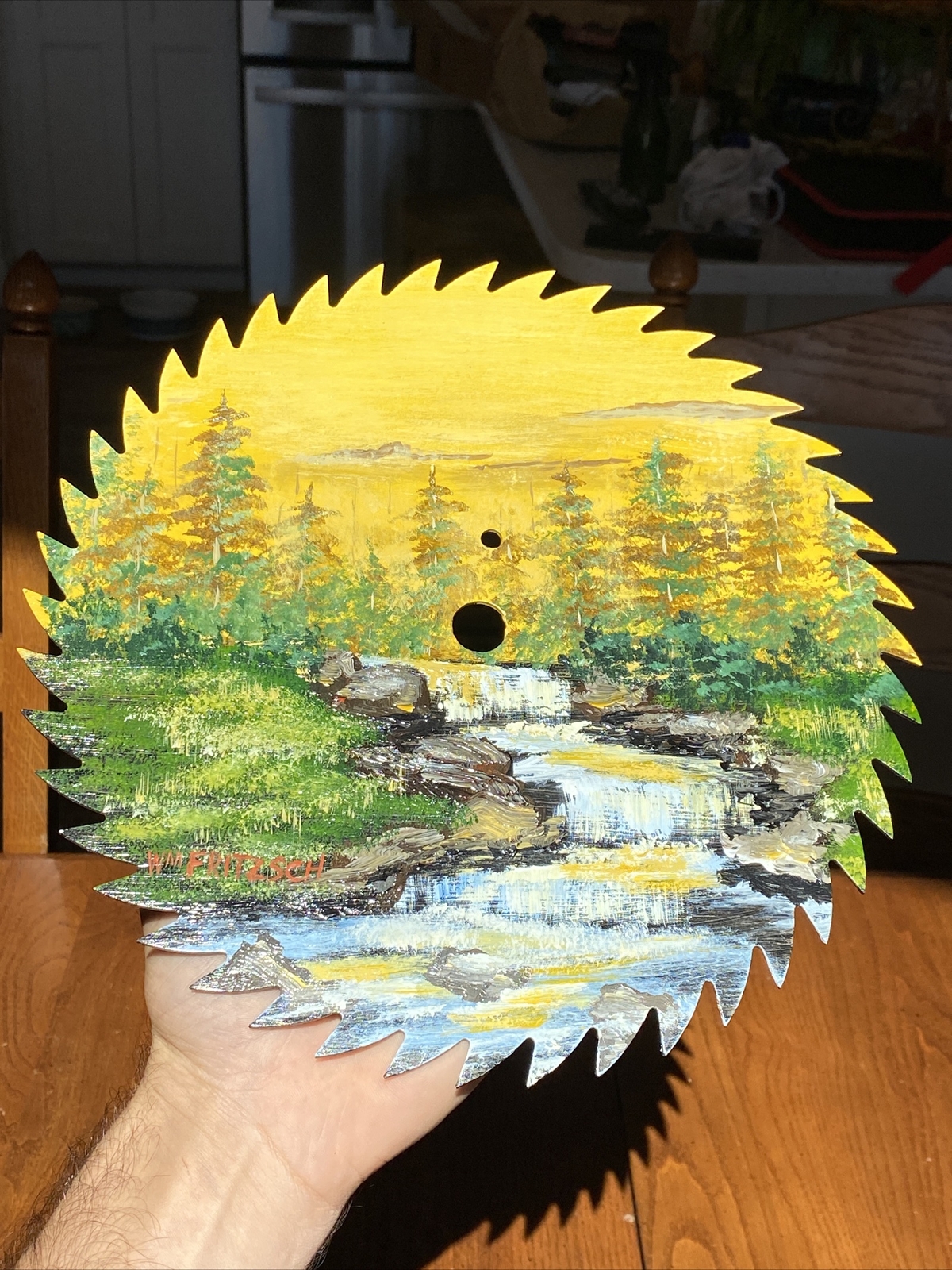 William Fritzsch Jr (1939-2018) Oil On Saw Blade Forest River Stream Landscape