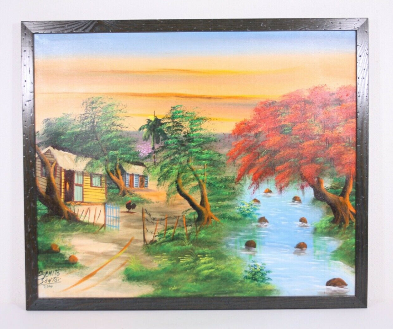 Benito Santos 26×31 2009 Tropical Forest Village Vtg Landscape Signed Painting