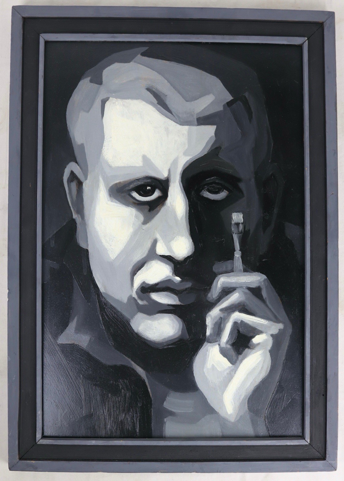 Robert Klein Pittsburgh Artist 1959 Grey Scale Self Portrait Oil Painting PA