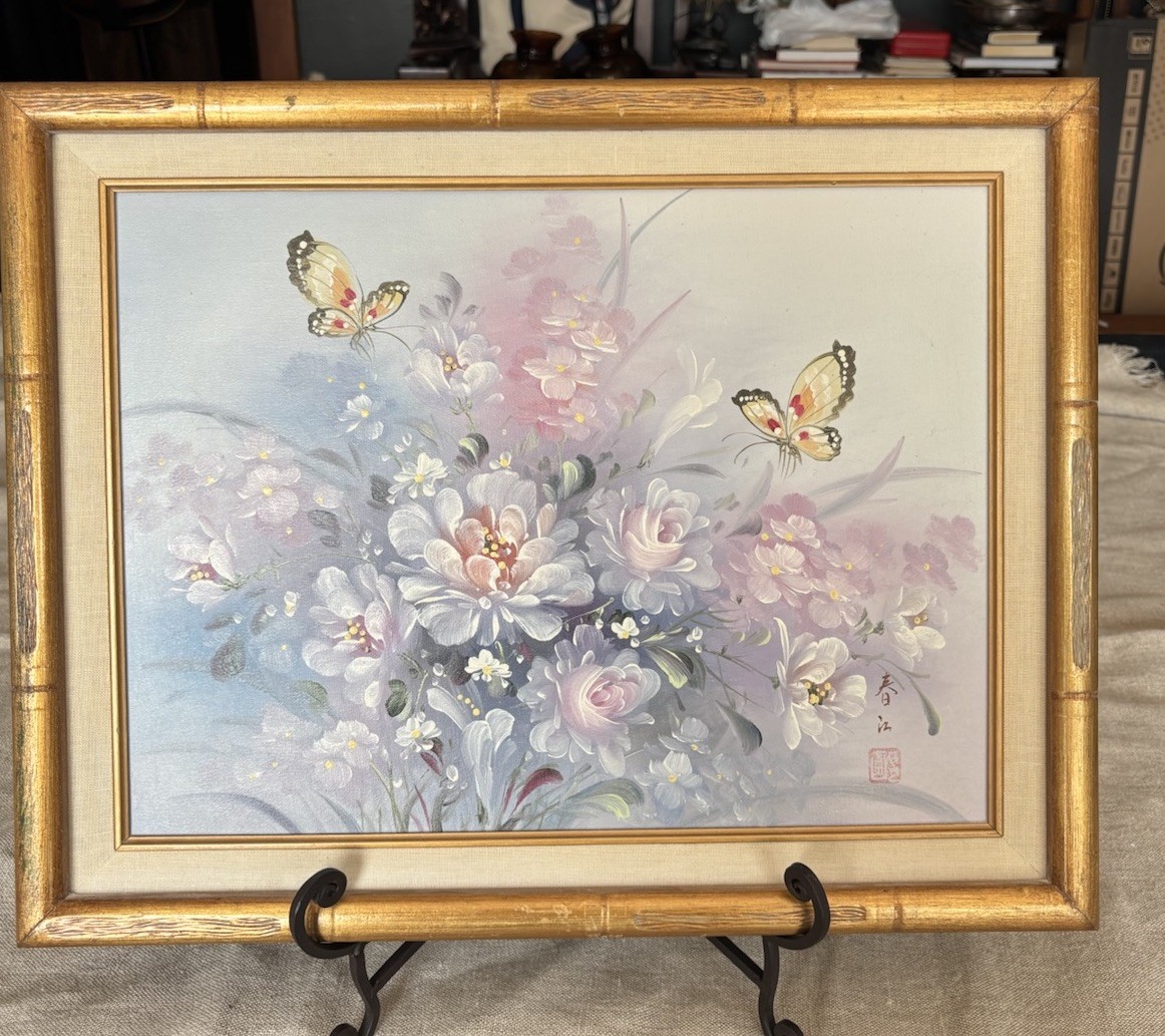 Vtg Blue Flowers & Pink Butterflies Still Life Framed Original Painting Wall Art