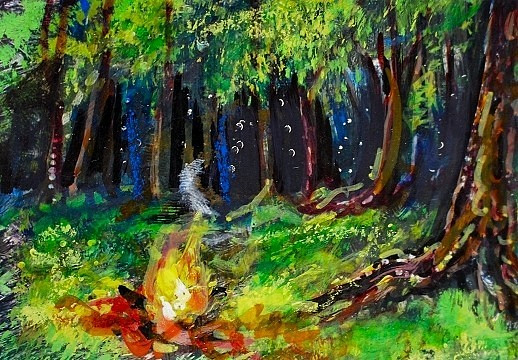 ORIGINAL ACEO Painting CAMPFIRE Night Fire TREES Woods Bonfire Camping ATC ART