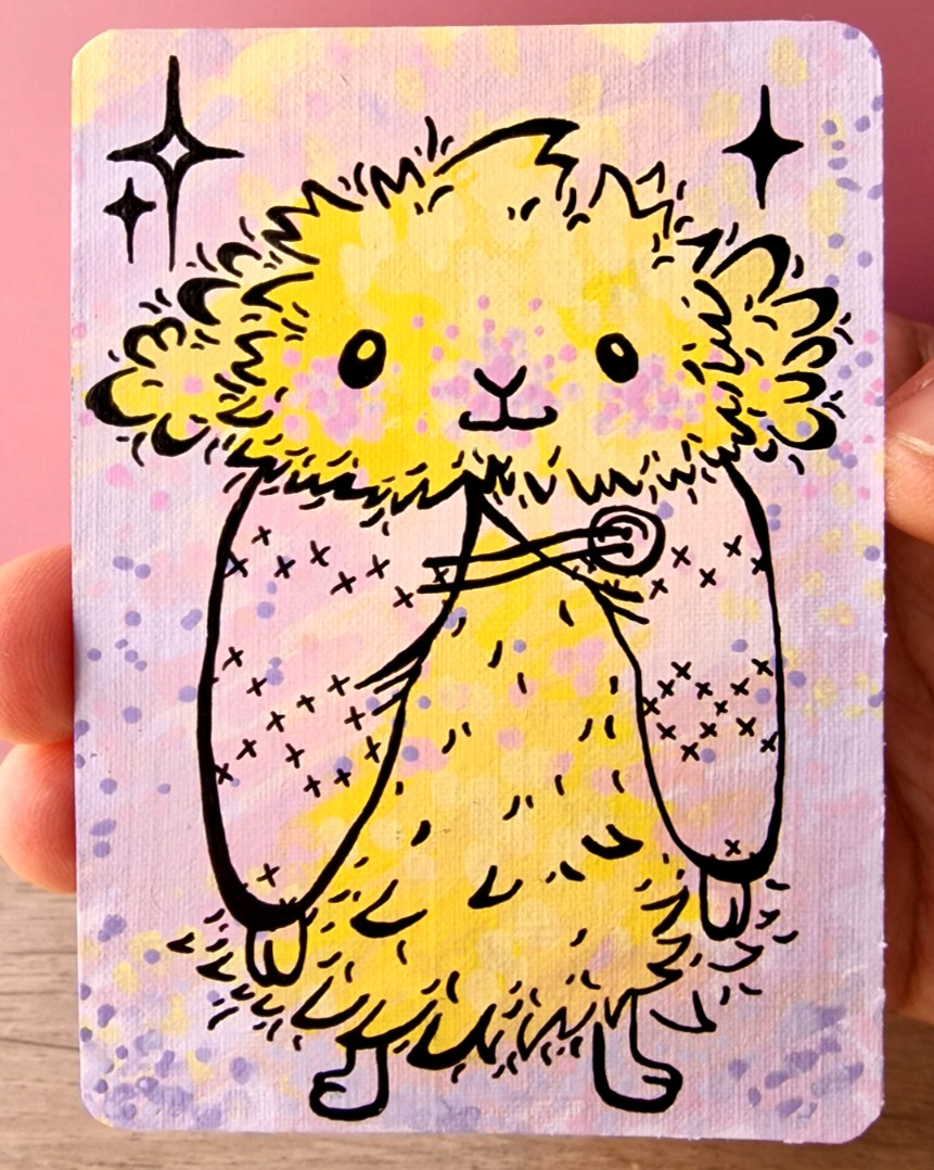Aceo original painting by MoonArtGlitch ~ Sheep sweater button ~ Animal Card