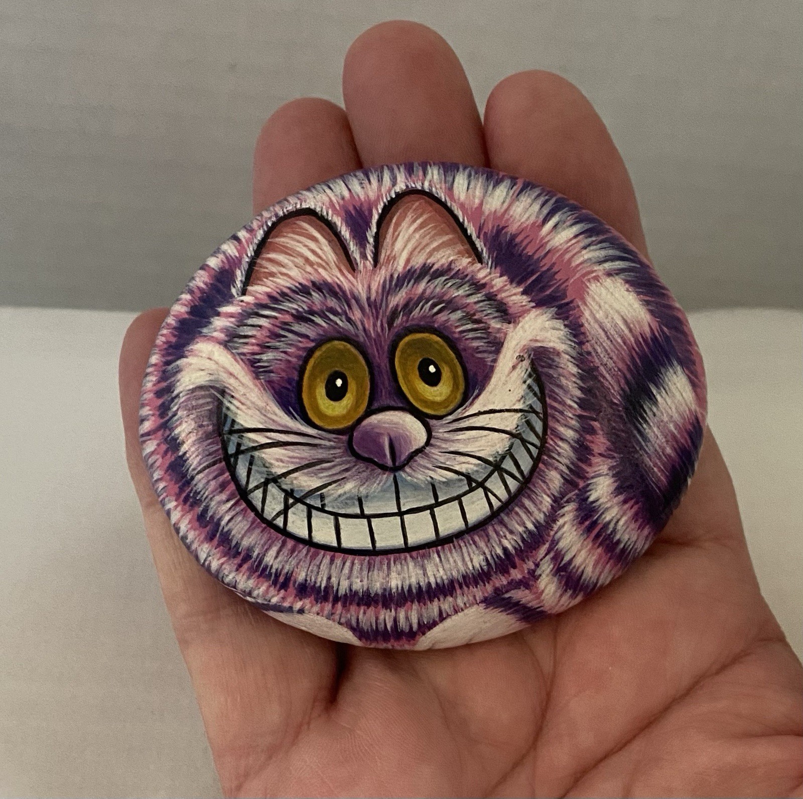 Hand Painted Cheshire Cat Sea Stone Art Decor or Paperweight Signed By Artist