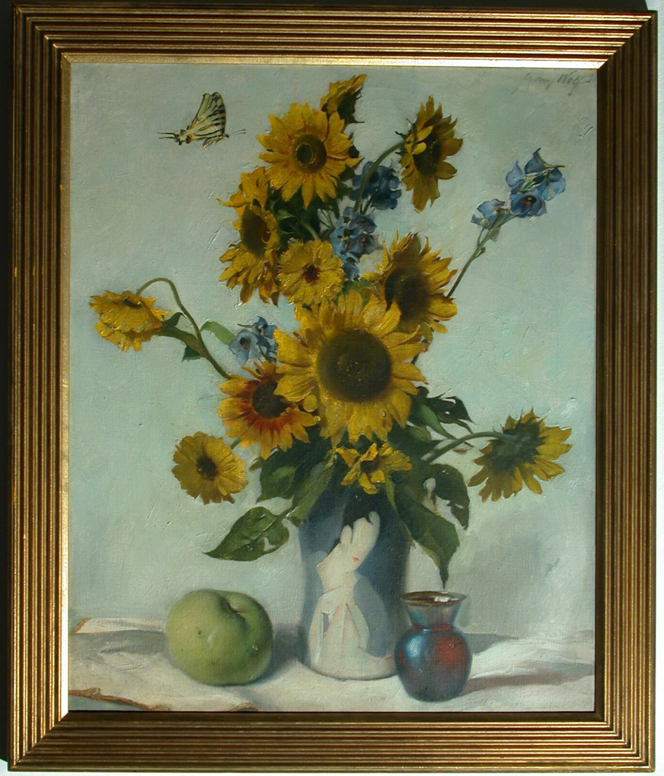 Franz Xaver Wolf – Sunflowers with Apple, Butterfly and Loetz Vase
