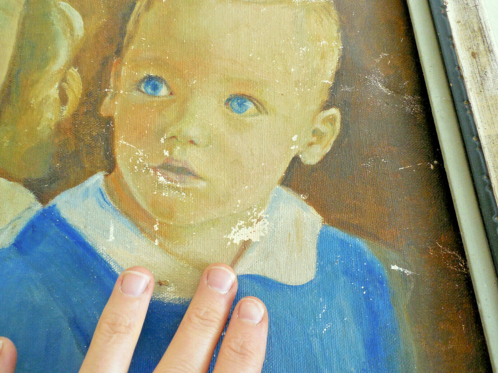 Vintage Child Portrait Blond Blue Eyed Girl Boy Original Antique Framed Painting