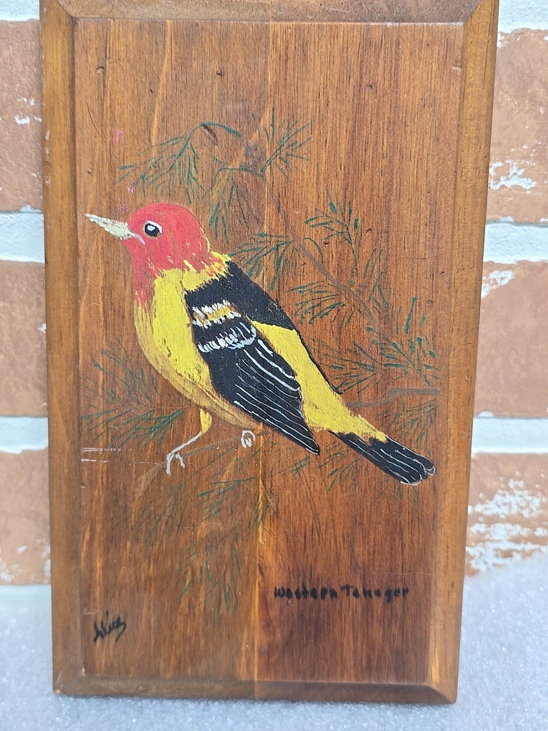 Handpainted Aritist Signed Western Tanager Bird On Wood Boothe 8″ Tall 5″ Wide