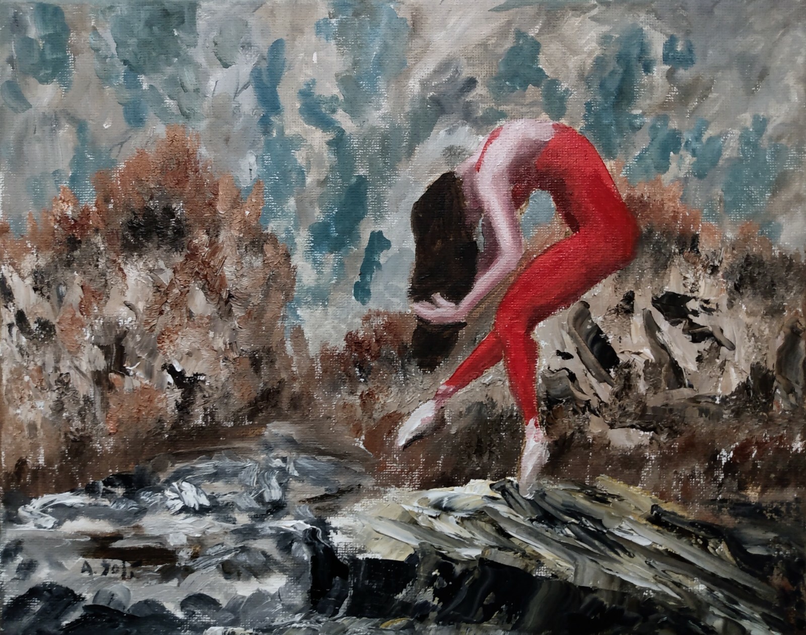 Oil Painting Red Dancer Ballerina Mountain Hills Stream Landscape Art A. Joli