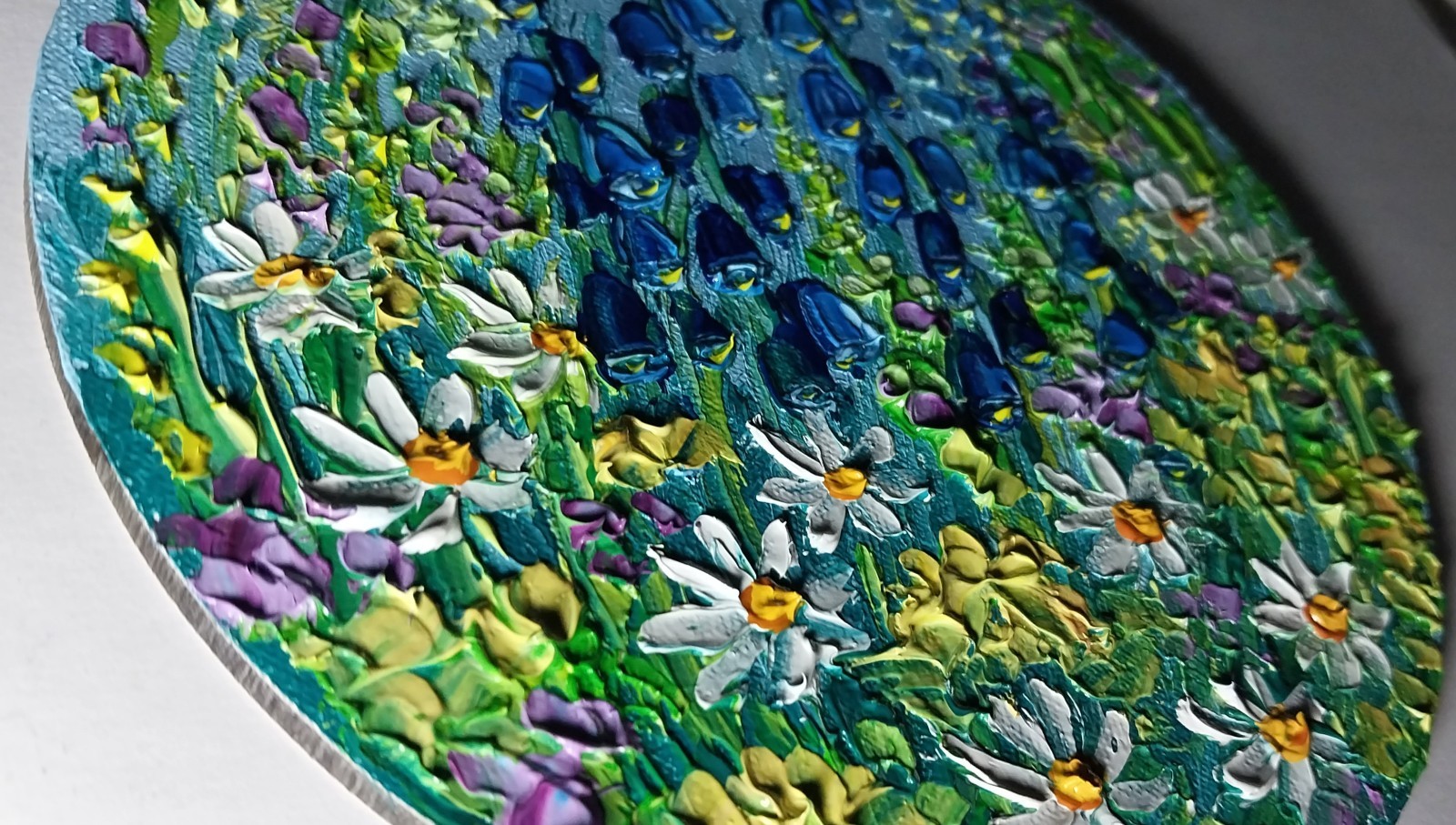 Meadow Flowers Daisies Bells Art Round Canvas 6×6” Impasto Oil Painting Original