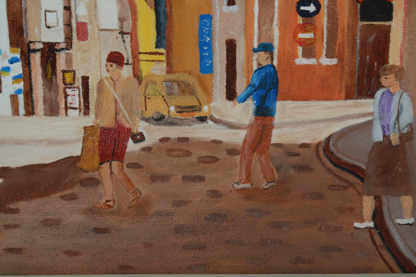 Vintage Cityscape Downtown Cobblestone Street Scene Oil Painting Unsigned Framed