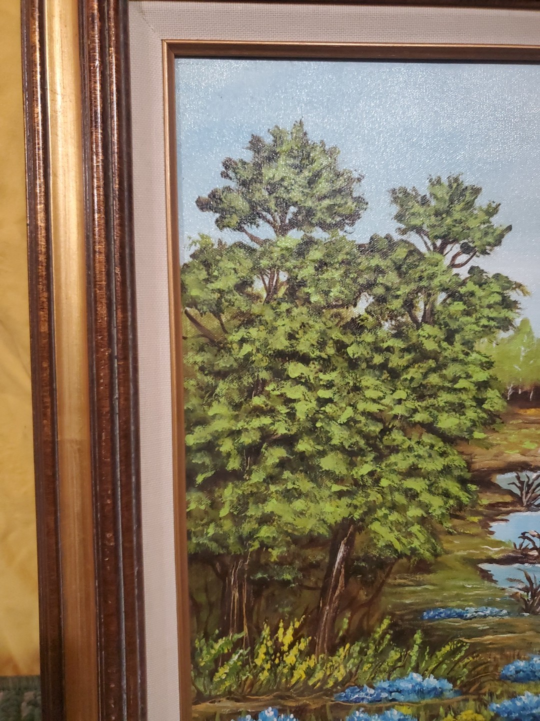 Original oil painting Vibrant!!! Blue Flowers Pond Forest Landscape SIGNED