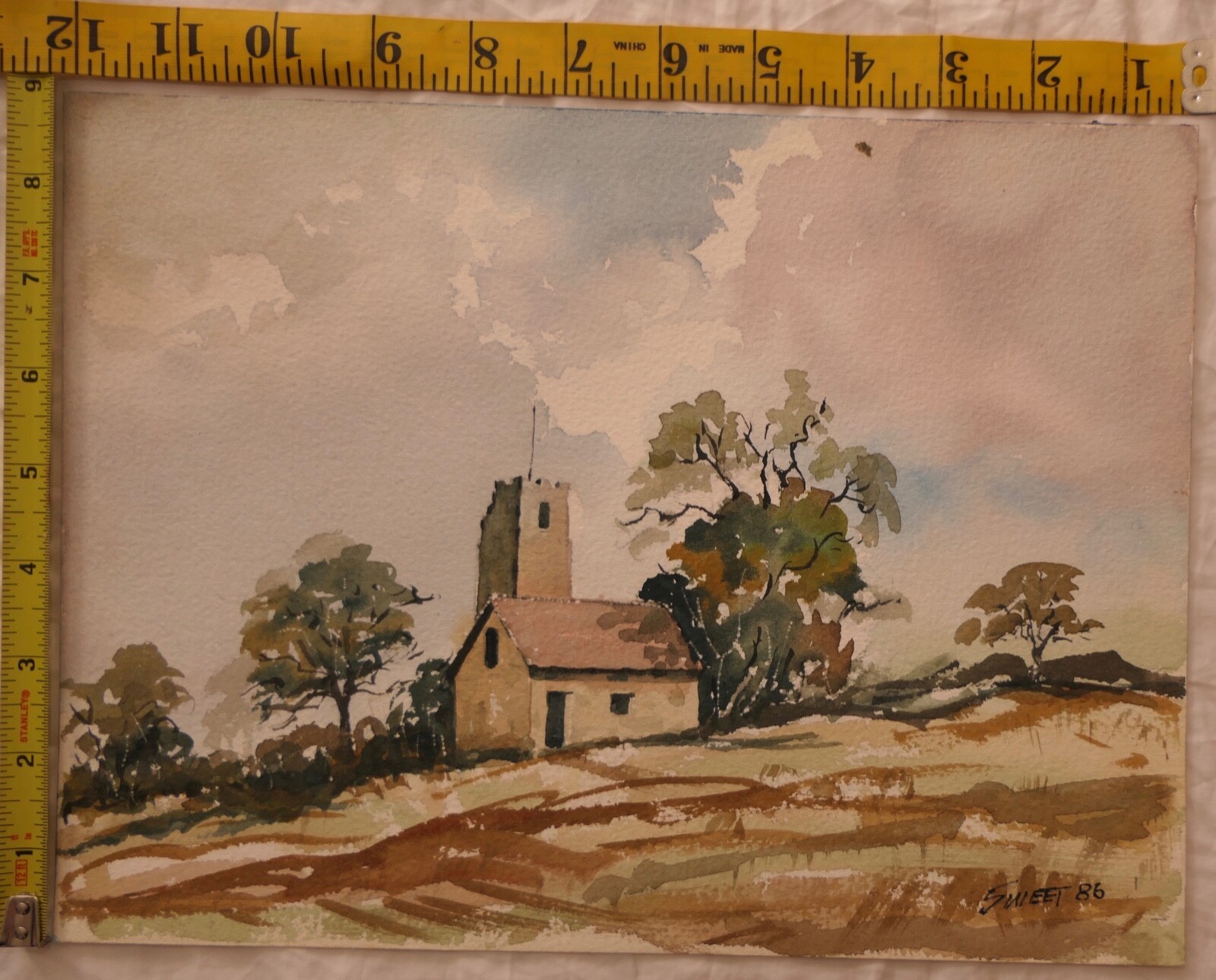 WATERCOLOR ORIGINAL SWEET 1986 ABANDONED FARM BUILDINGS GOTSWOLDS UNITED KINGDOM