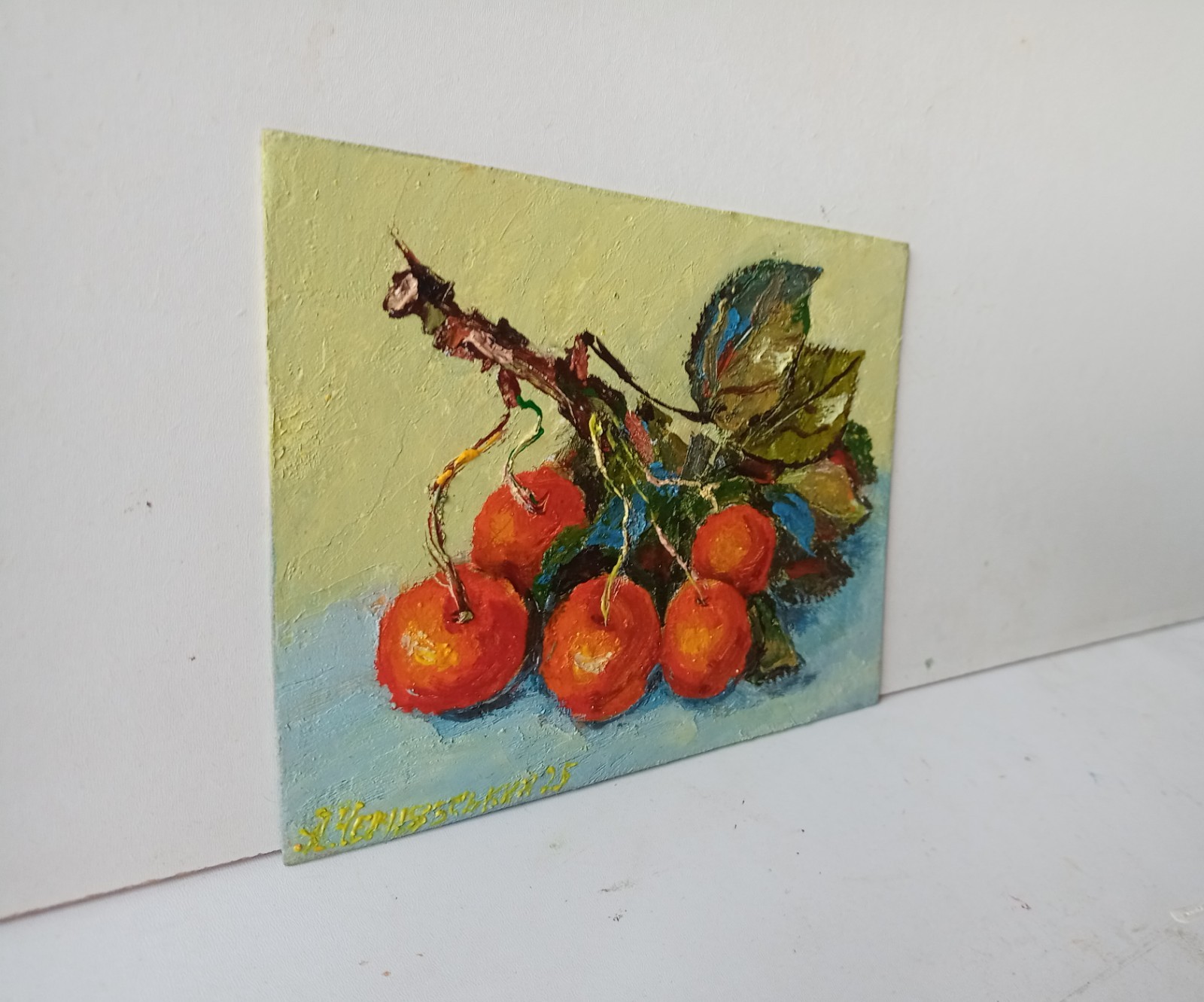 Cherries Impasto Painting Original Art Impression Oil Painting 5.2 x 6.8 in