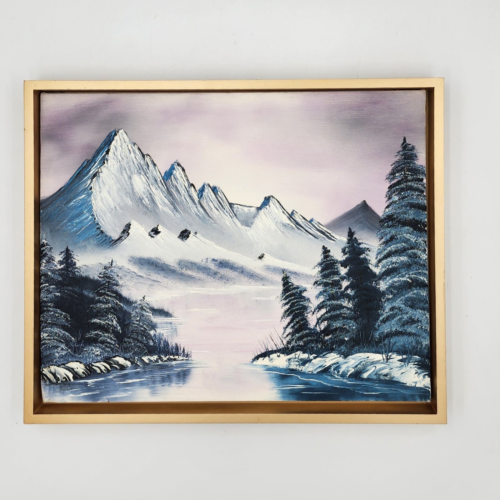 Original Bob Ross Style Winter Landscape Oil Painting Mountain Scene 16×20 Frame