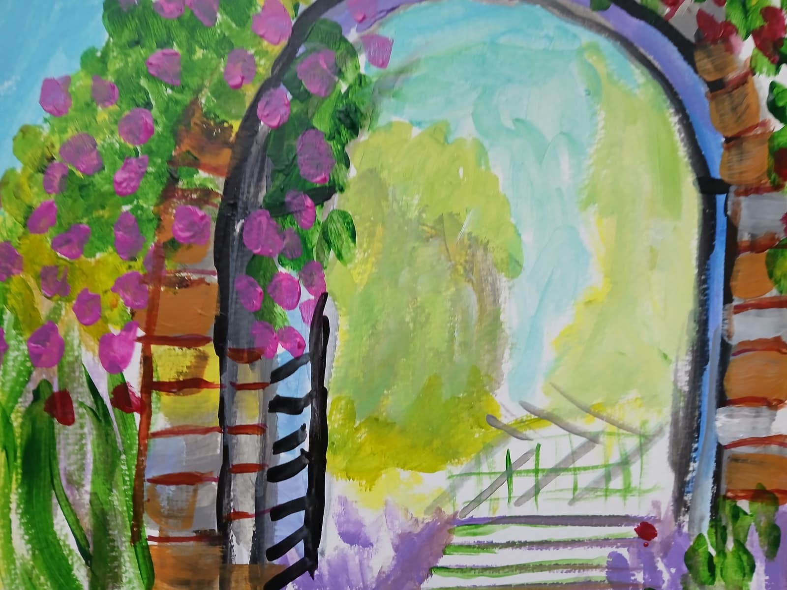 Impressionistic 11×14 Rose Garden Gate Acrylic Original Signed Art Painting