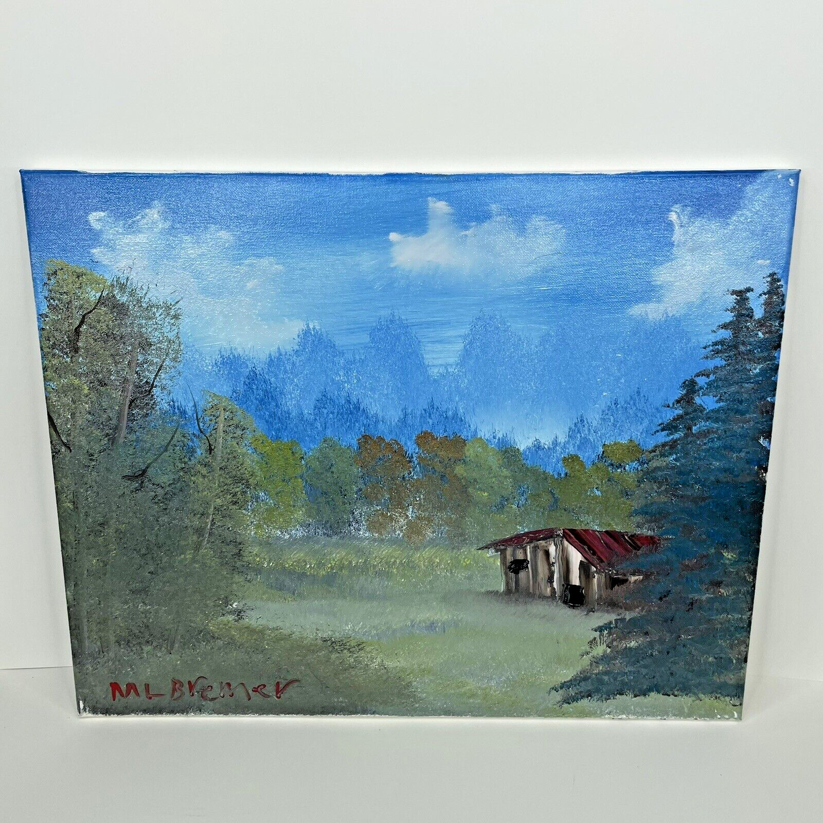 Oil on Canvas Painting Signed Student Art 16 x 20 Cabin in a Wooded Clearing