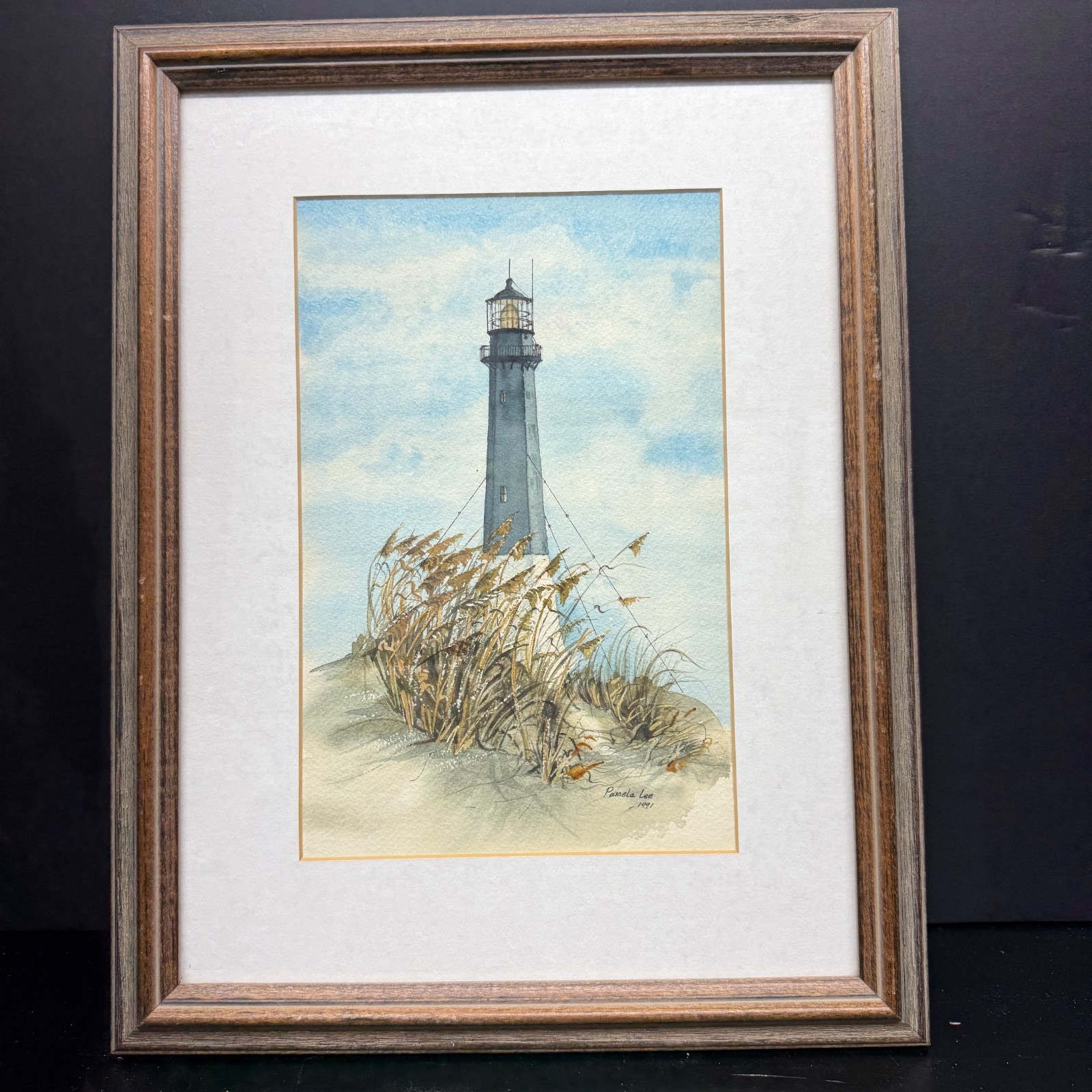VTG Pamela Lee Lighthouse Watercolor Wood Frame 12”x15.5″ Artwork Size 6.5”x10”