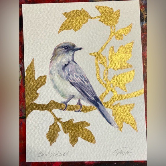 Original phoebe Painting Watercolor Bird Art Gold accents Vine nature decor EAE