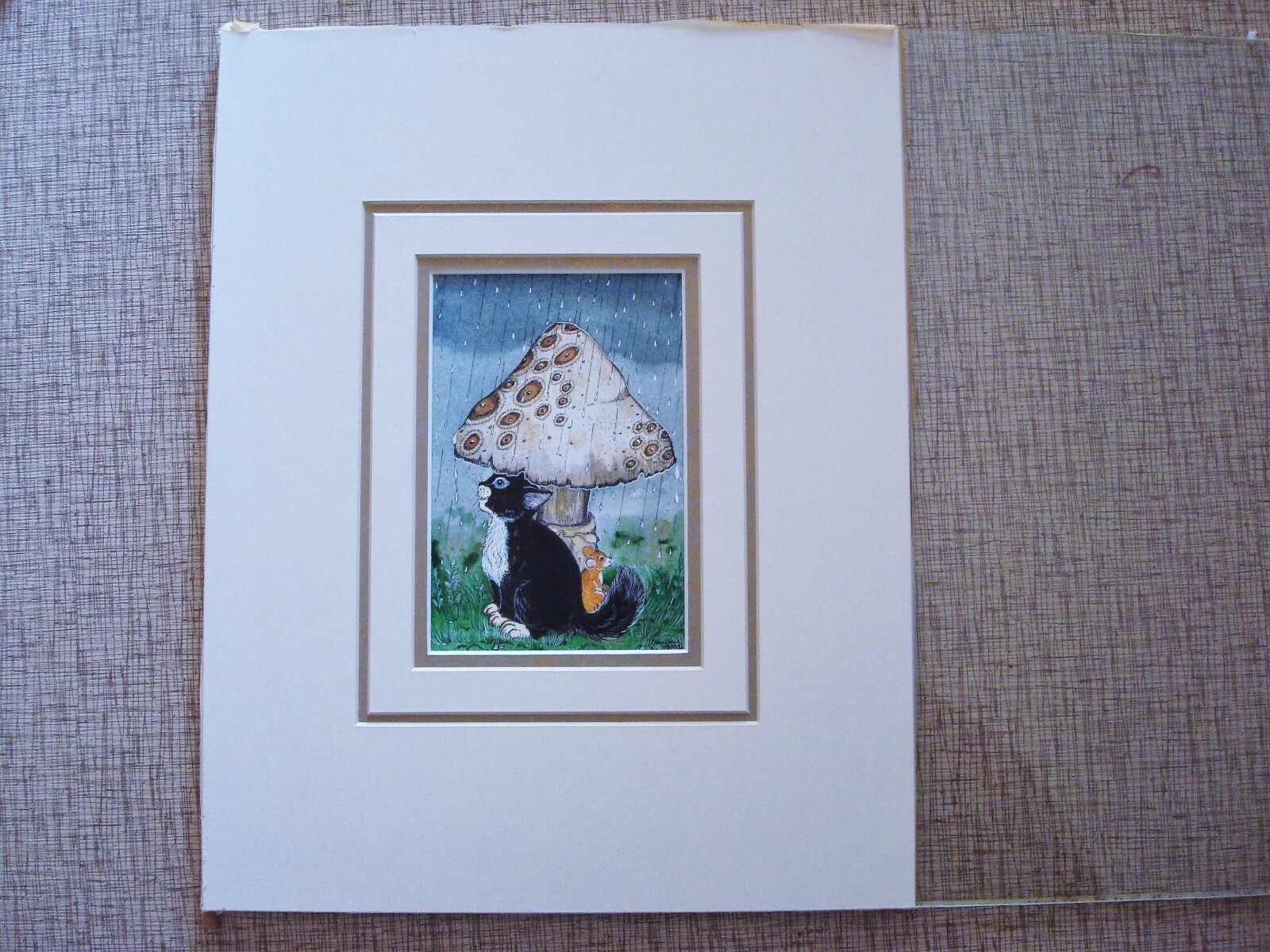 Signed CHEYENNE – Cat & Mouse, Giant Mushroom Watercolor/Gouache/Ink Painting