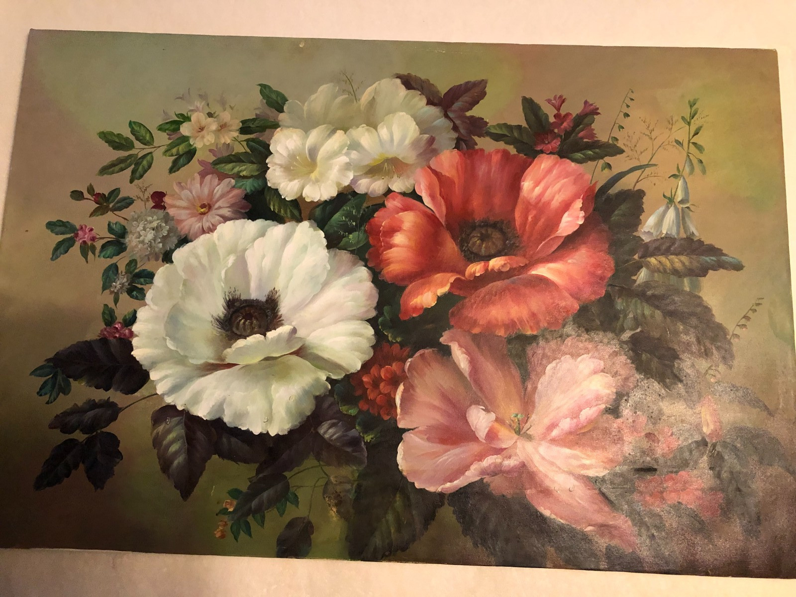 Vintage oil on canvas floral oil painting signed Durrance 24 in. x 36 in.