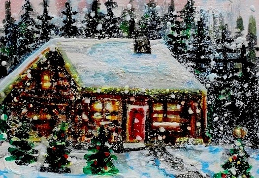 ACEO Original PAINTING Winter XMAS HOUSE Cabin Trees Snow Holiday Landscape ART
