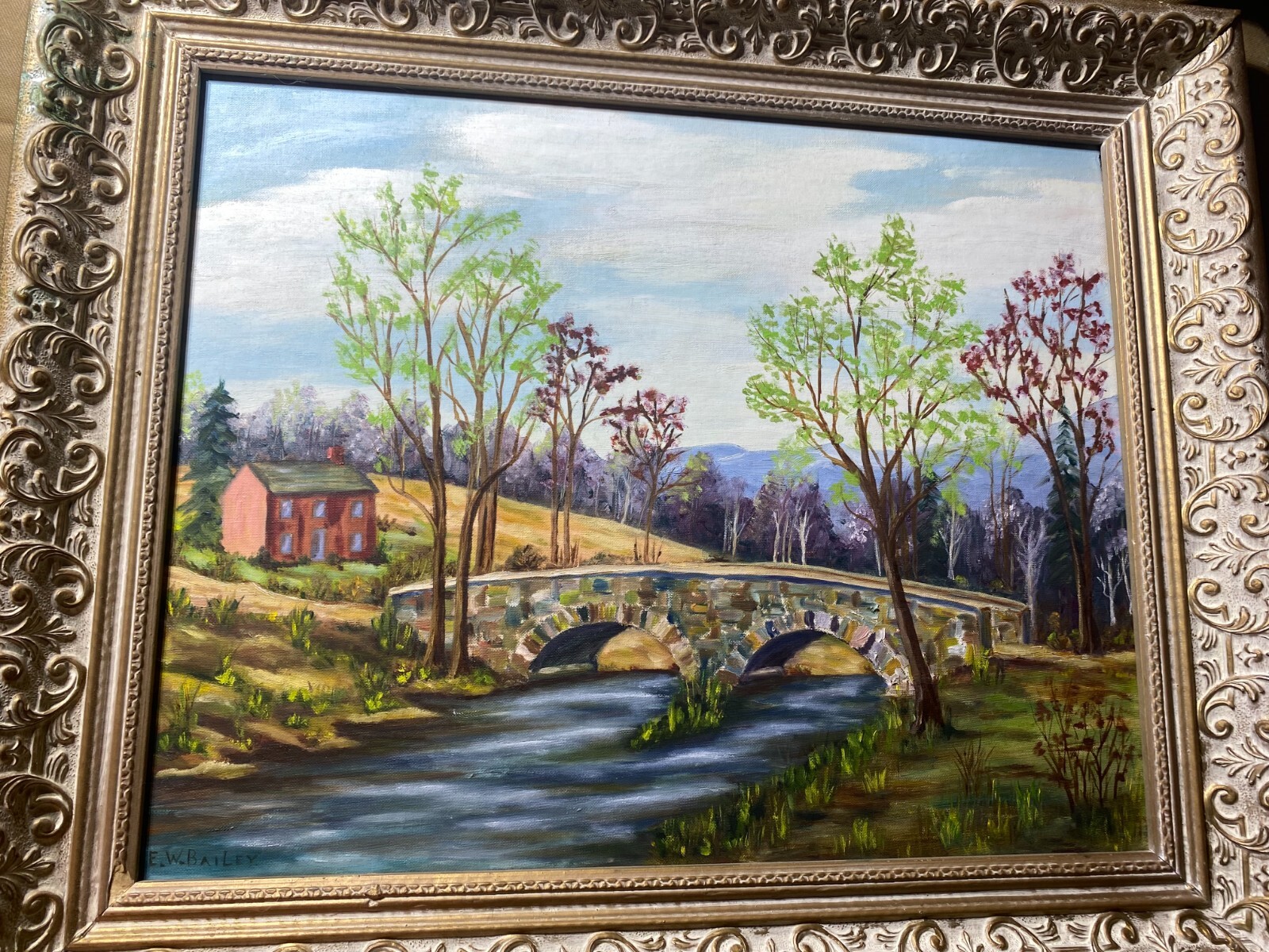 E.W Bailey «Stone Bridge And River Landscape Scene » Oil Painting -Signed/Framed