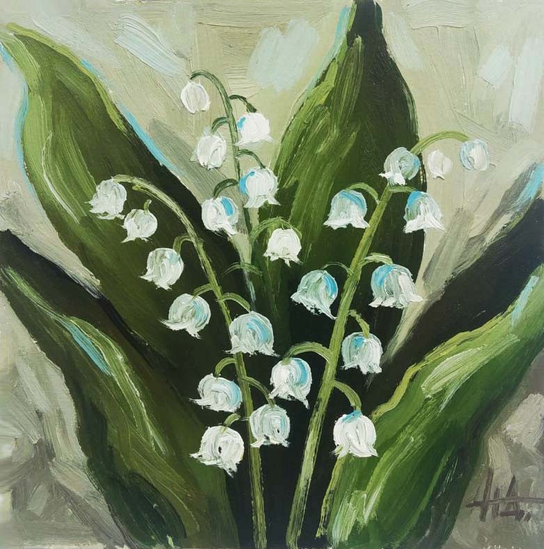 Original Oil Painting White Flowers Lilies of the Valley 6×6 inches