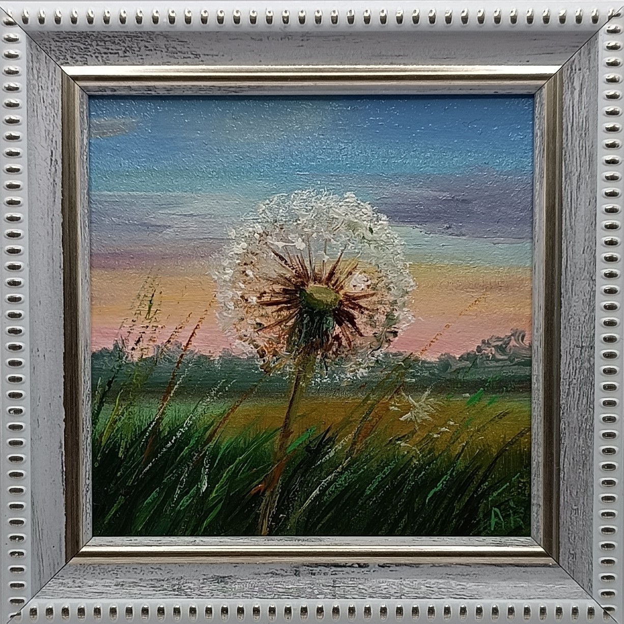 Original Oil Painting Dandelion Meadow Sunset Framed Miniature Art Square 4×4