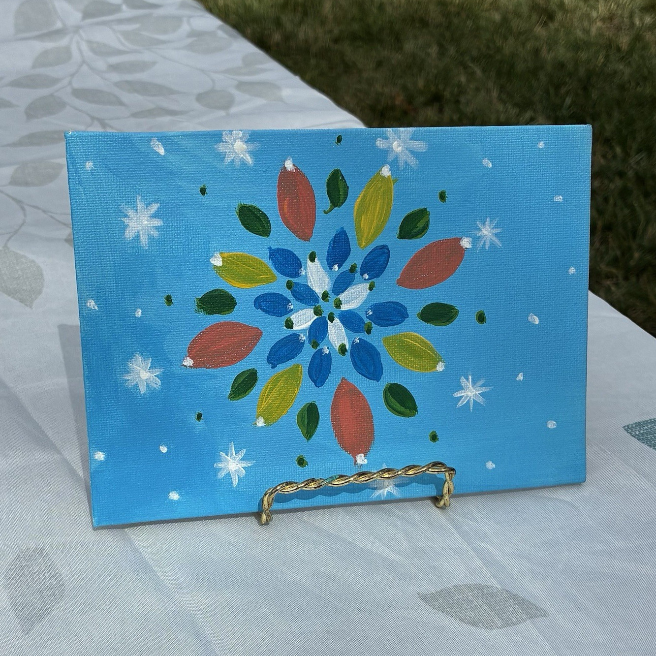 Abstract Floral Blue Background Painting on Canvas, Small Unframed Art