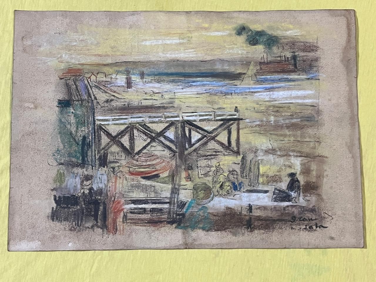 EMILIO GRAU SALA drawing and painting on old paper signed stamped vintage