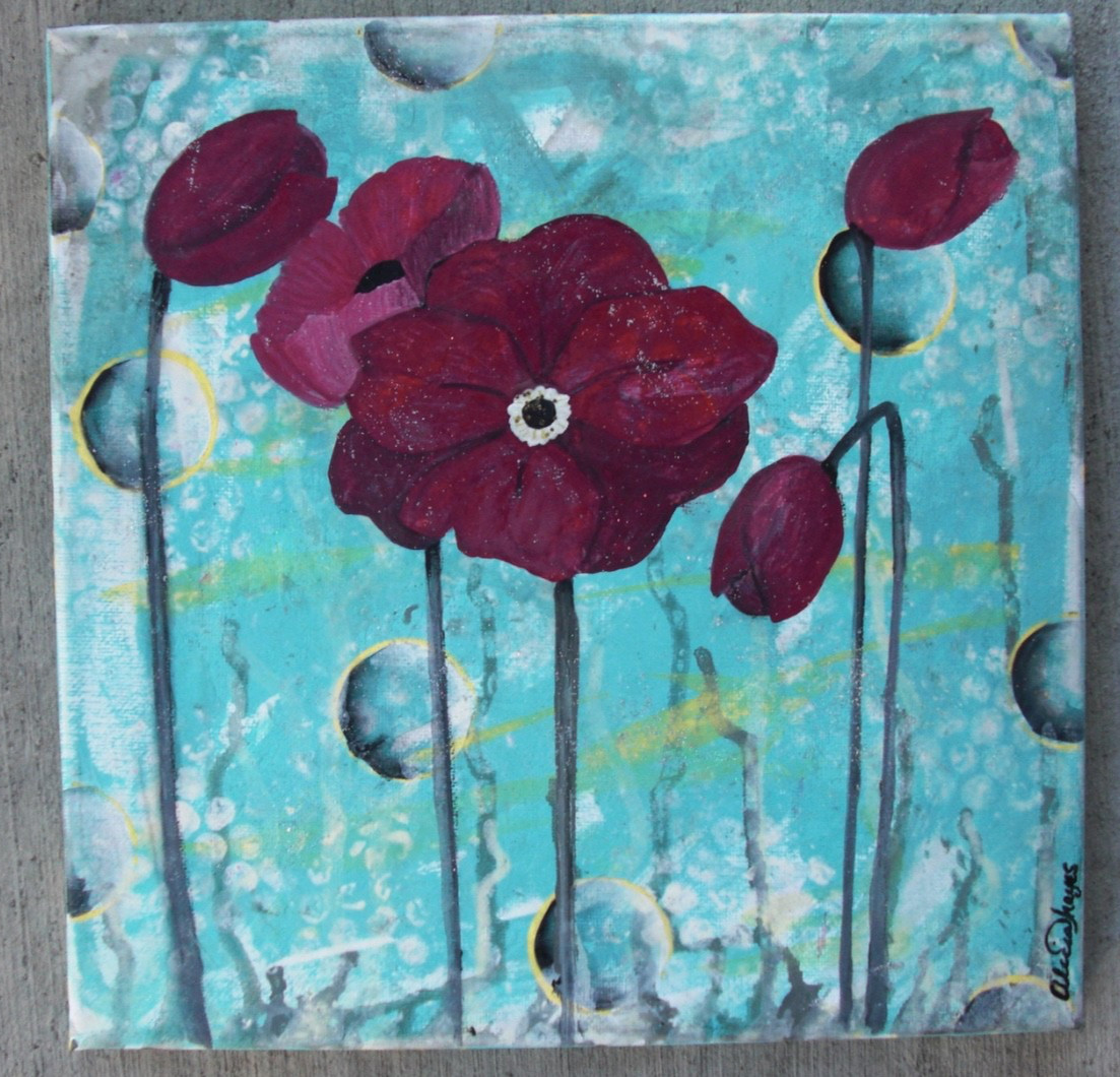 Original Mixed Media Painting Red Poppies Small Floral Art, Alicia Hayes